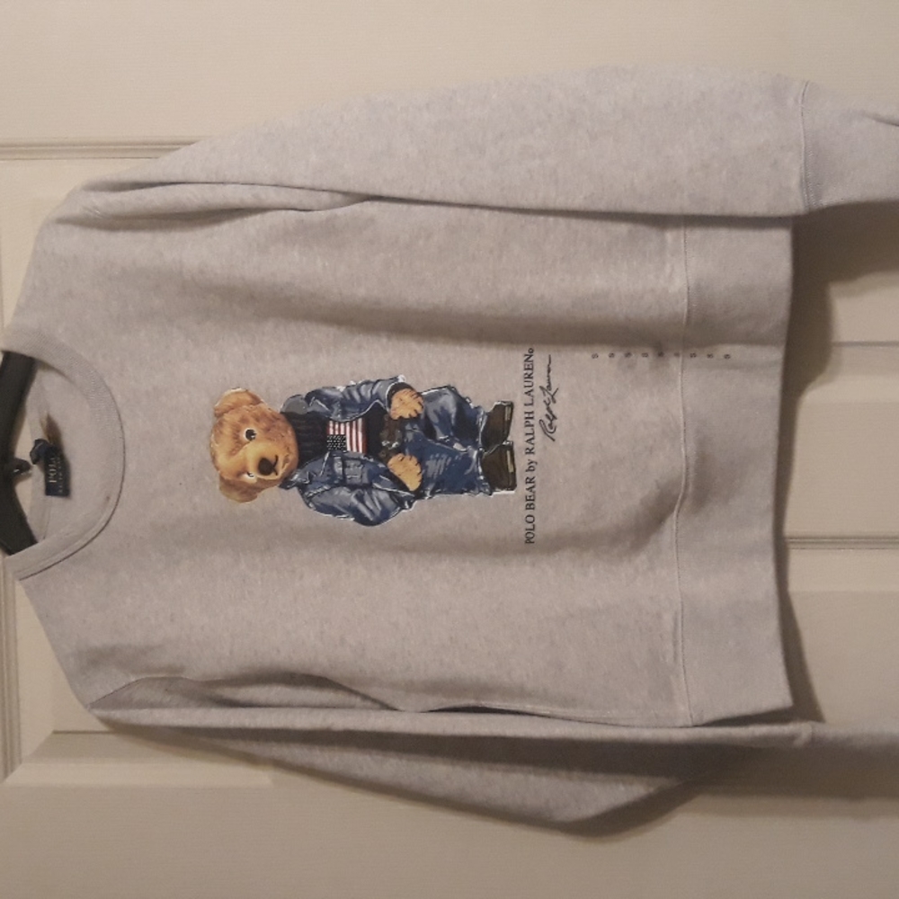 NWT Polo Ralph Lauren Men's  American Flag Denim Bear Sweatshirt - Heather Grey